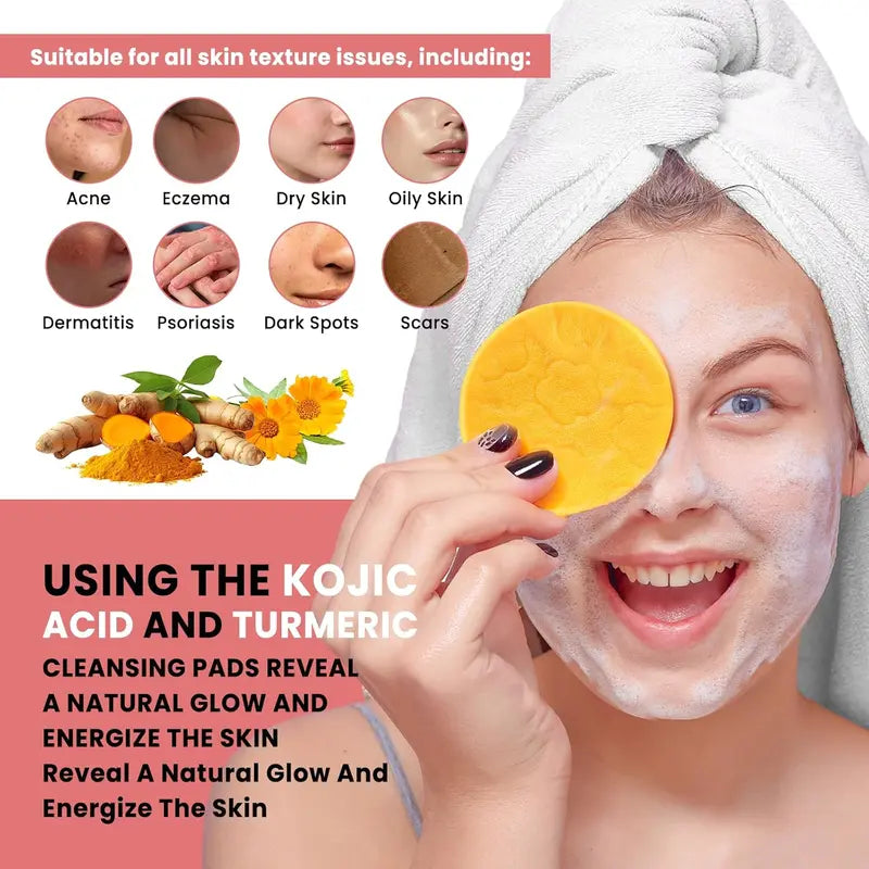 Kojic Acid Turmeric Cleansing Pads for Exfoliating Acne, Dark Spots and Hyperpigmentation