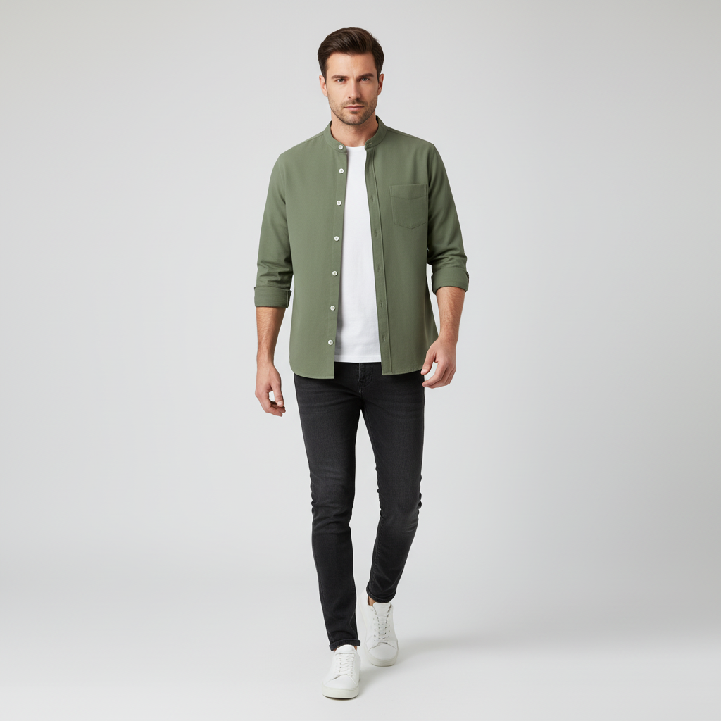 Breezy Men’s Collarless Button Up Shirt | Long Sleeve