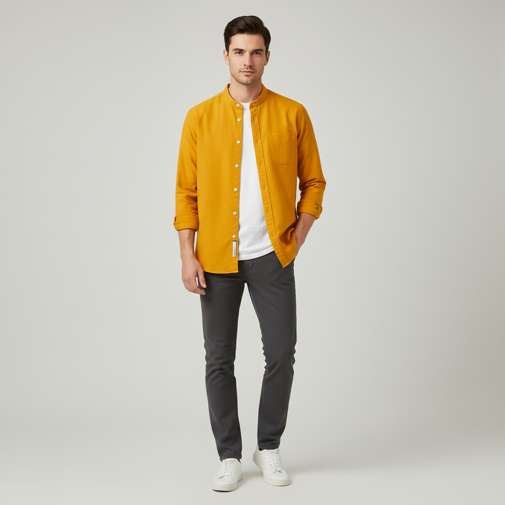 Breezy Men’s Collarless Button Up Shirt | Long Sleeve