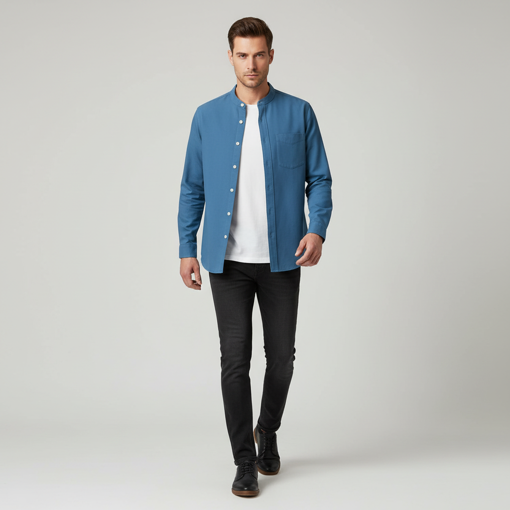 Breezy Men’s Collarless Button Up Shirt | Long Sleeve