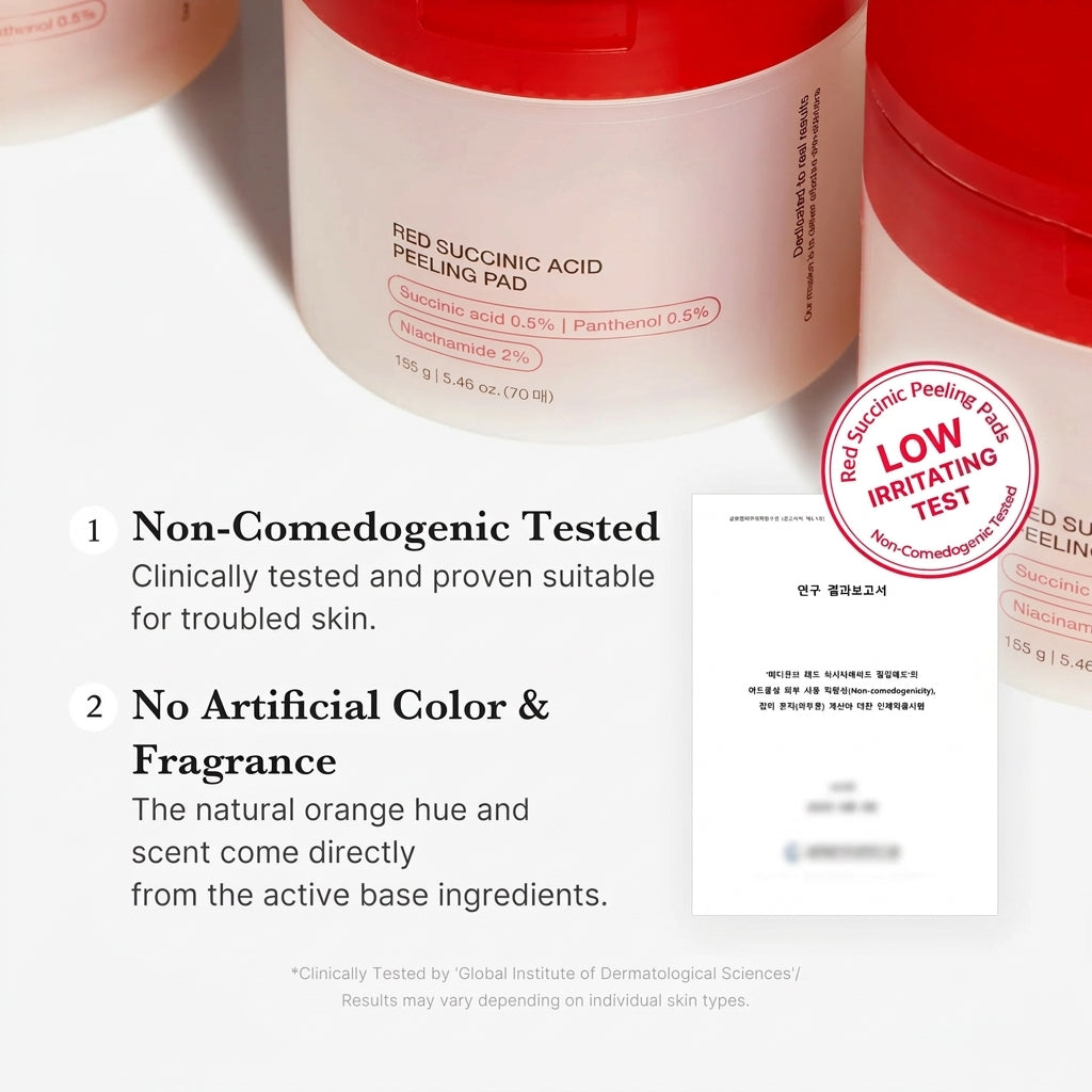 Red Succinic Acid Panthenol Pads for Acne-Prone Skin with Brightening and Soothing Care