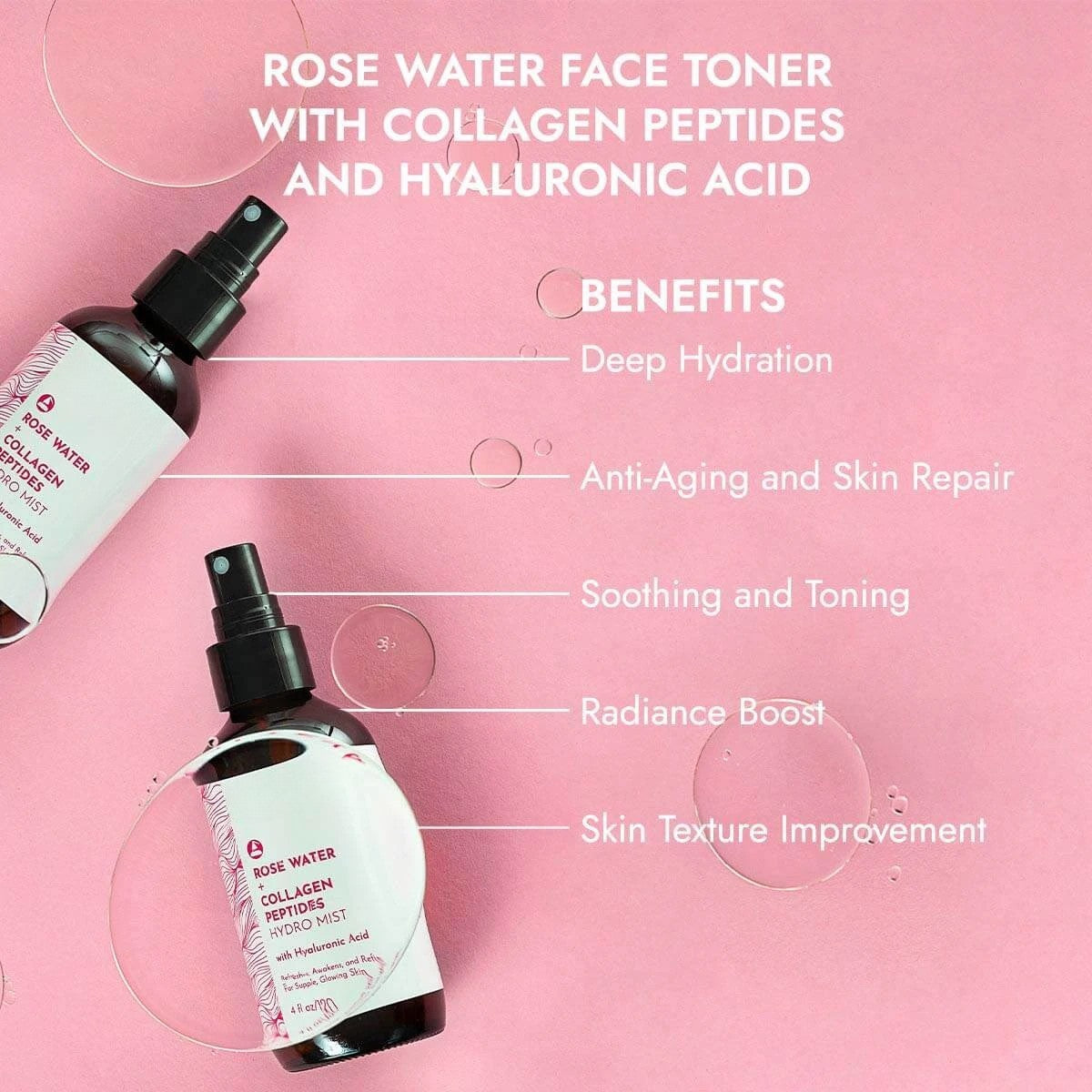 Rose Water Face Toner with Collagen Peptides & Hyaluronic Acid for Hydration