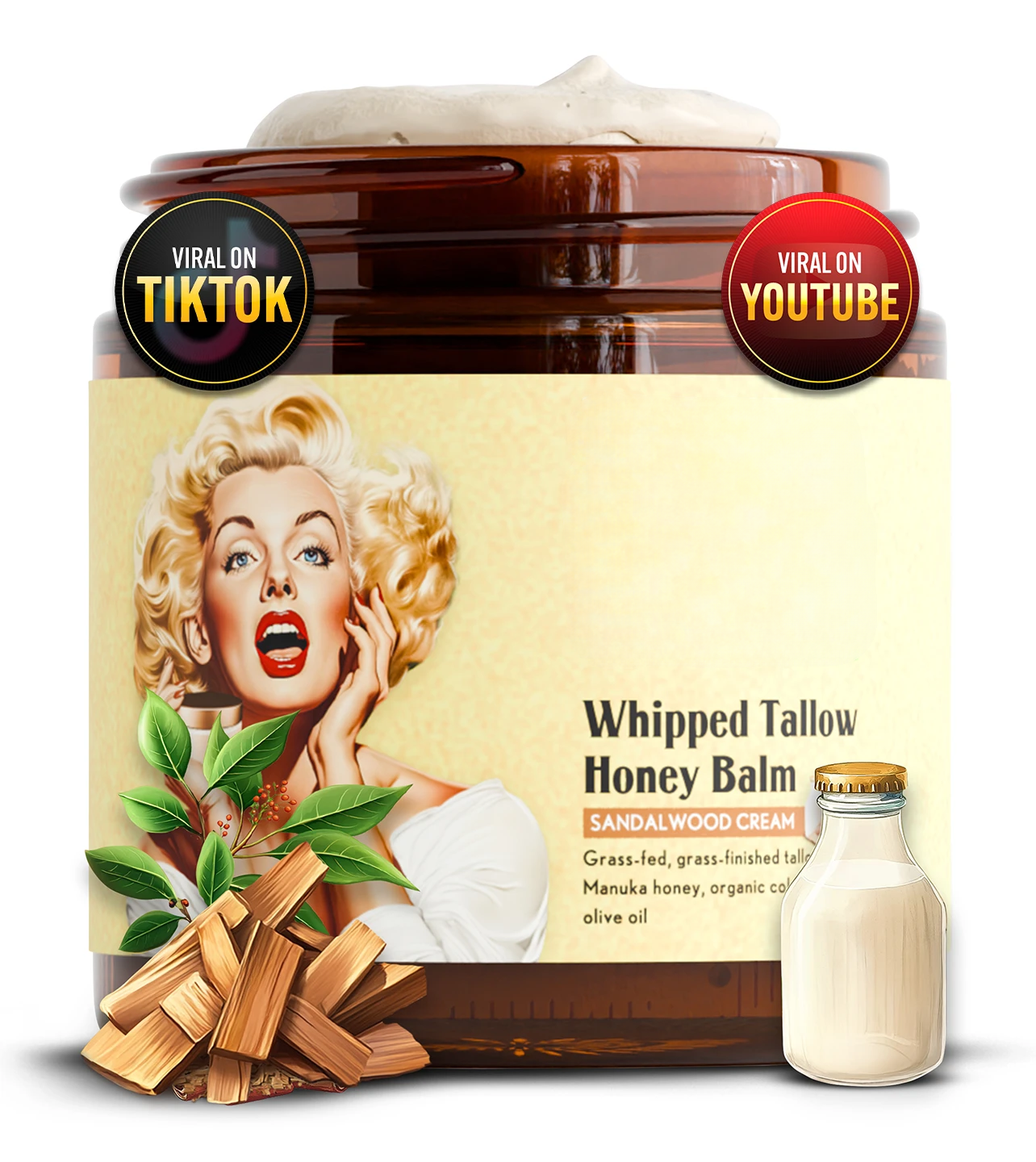 Whipped Beef Tallow and Honey Balm for Face, Lips, Body & Dry Skin