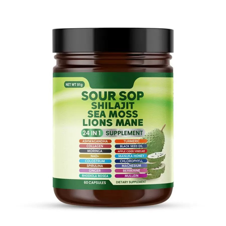 24-in-1 Soursop Wellness Supplement with Sea Moss, Black Seed Oil & Turmeric — 60 Capsules