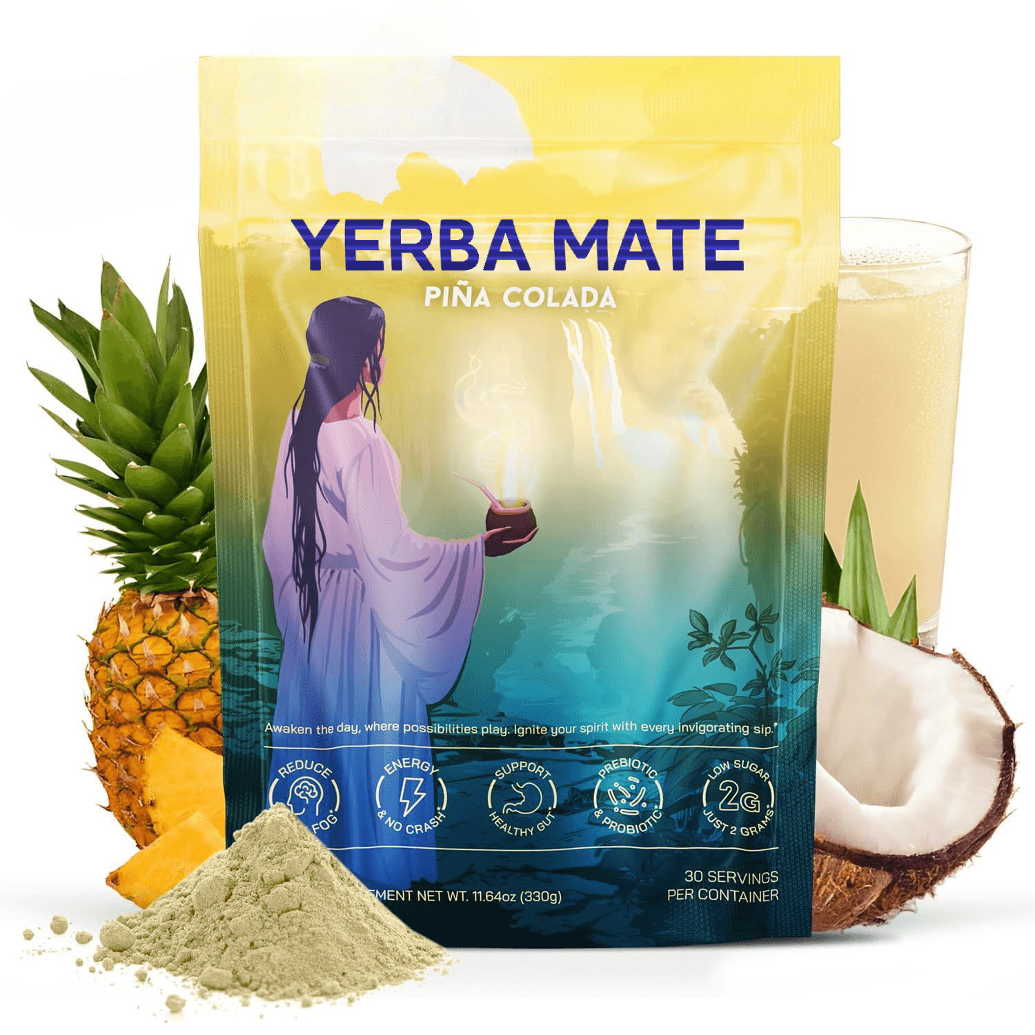 Yerba Mate Instant Tea Powder Lion's Mane, L-Theanine & Probiotics, 30 Servings