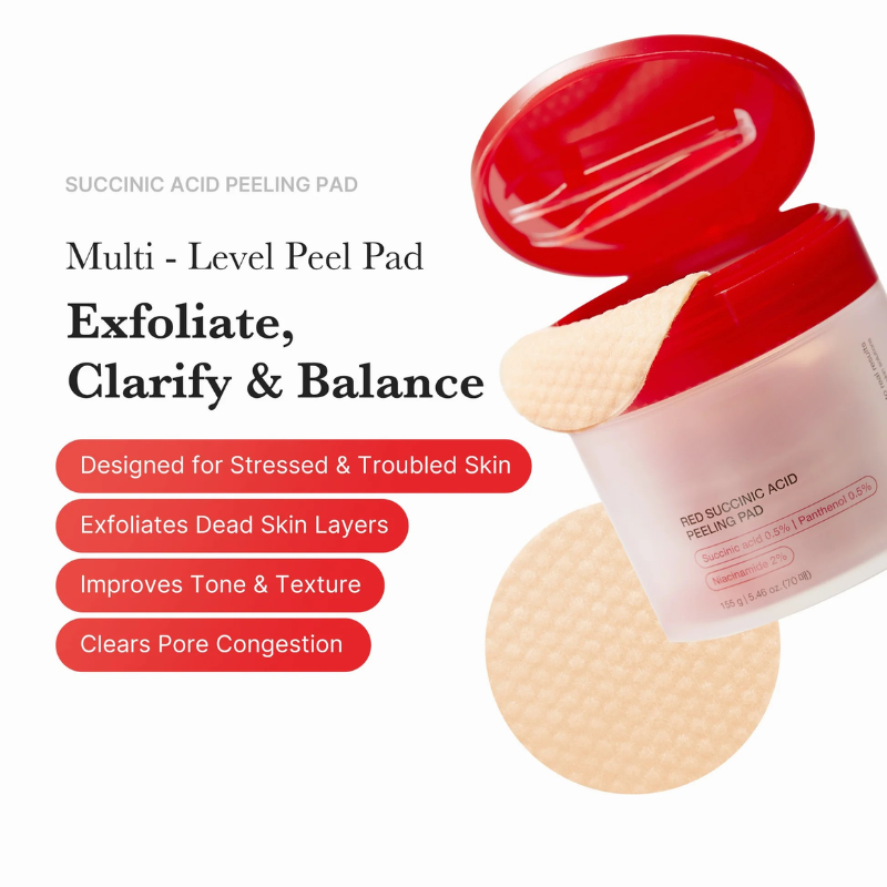 Red Succinic Acid Panthenol Pads for Acne-Prone Skin with Brightening and Soothing Care