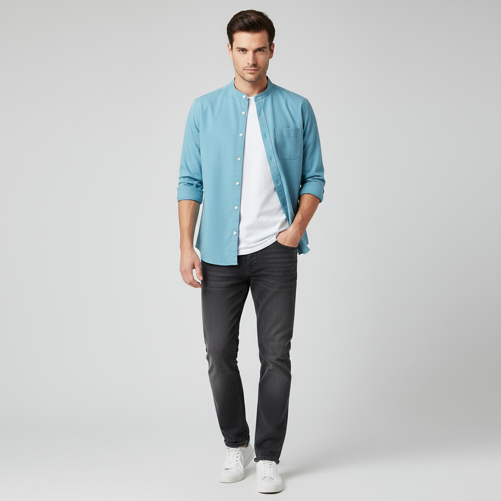 Breezy Men’s Collarless Button Up Shirt | Long Sleeve