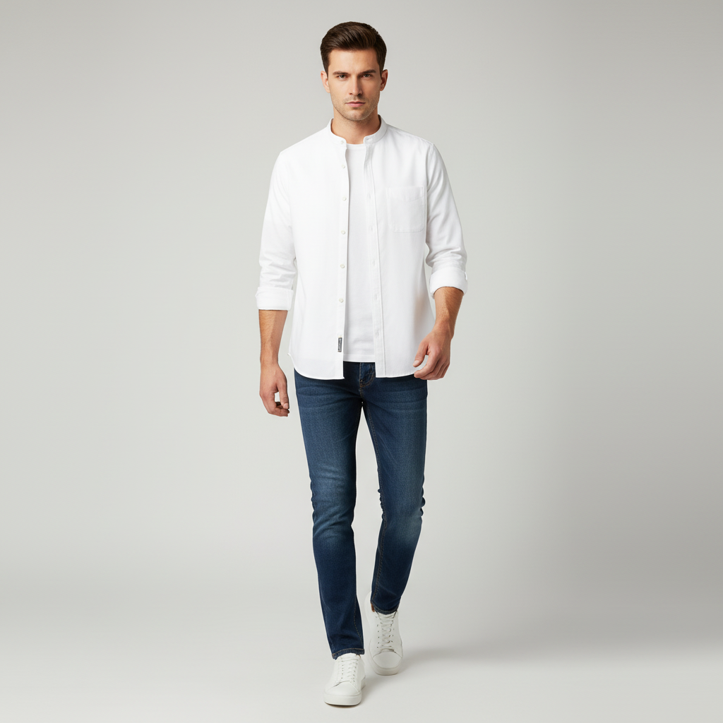 Breezy Men’s Collarless Button Up Shirt | Long Sleeve