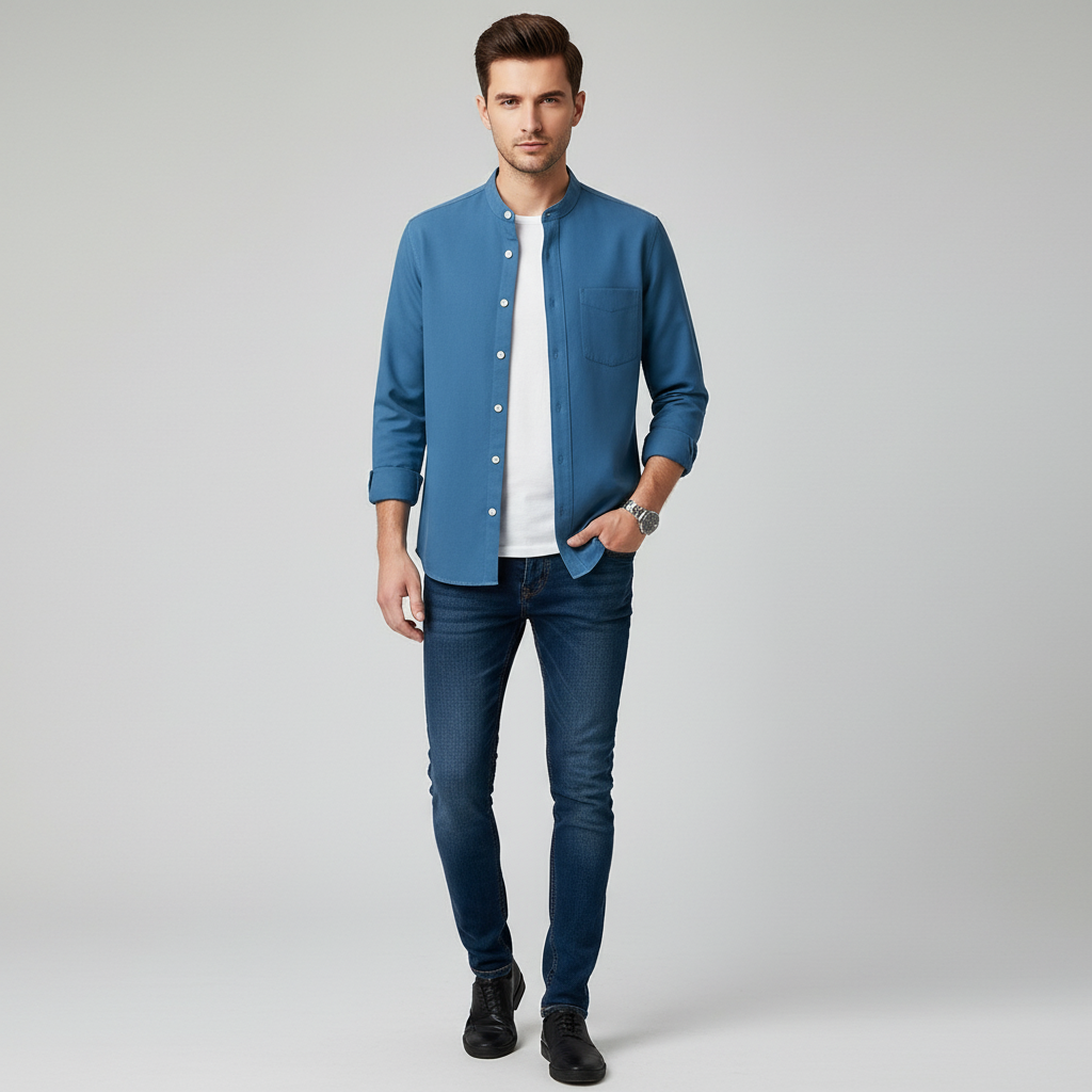 Breezy Men’s Collarless Button Up Shirt | Long Sleeve