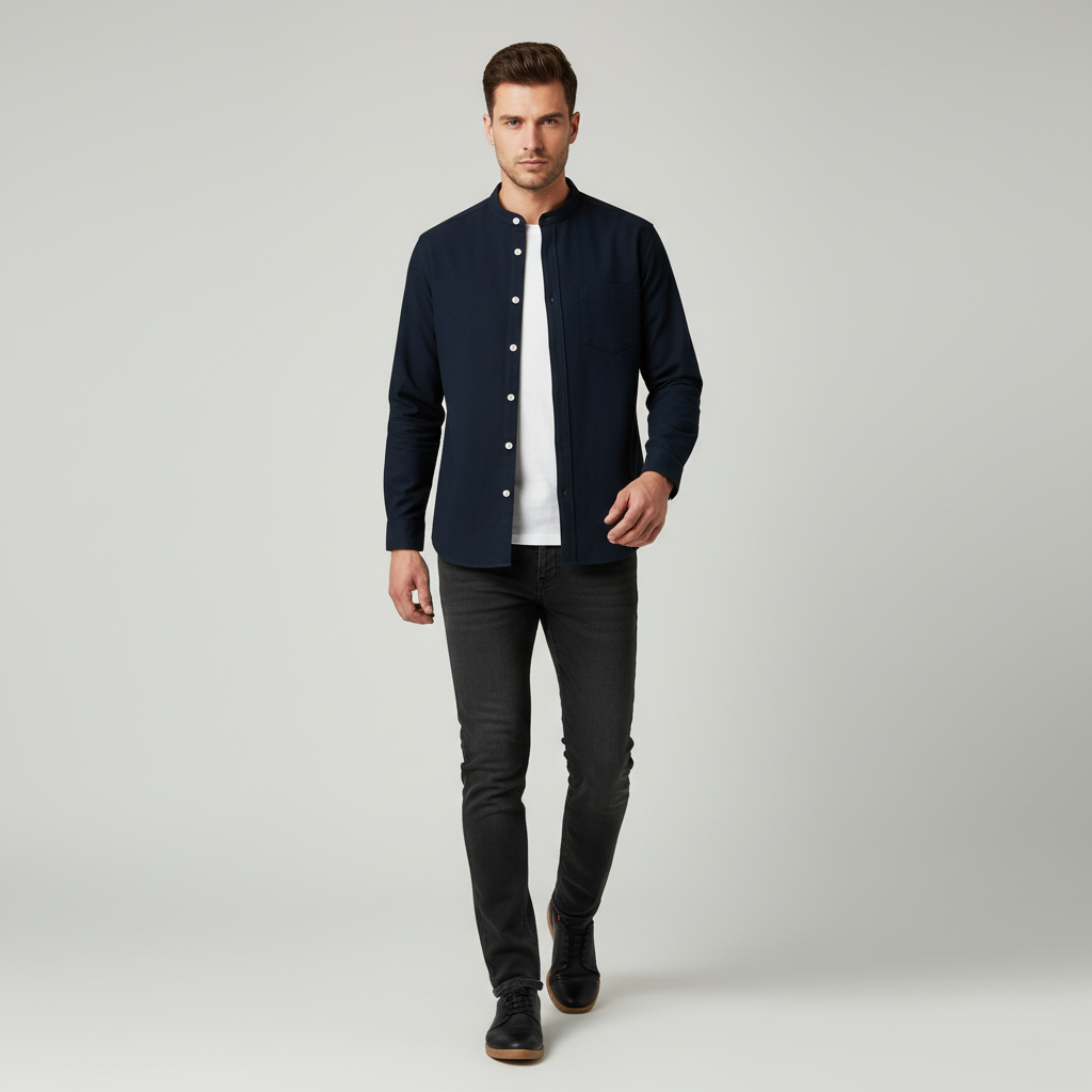 Breezy Men’s Collarless Button Up Shirt | Long Sleeve